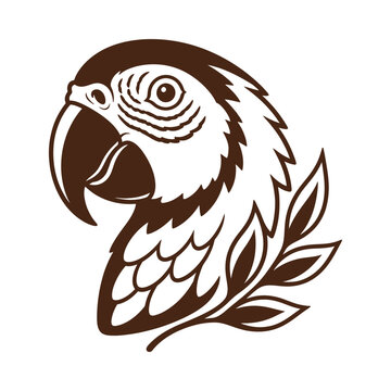 Stylized parrot head illustration with tropical leaves in brown and white line art.