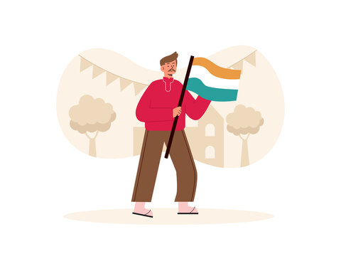 A man holding a flag with horizontal stripes resembling the Indian national flag. Indian illustrations. Flat vector concepts.