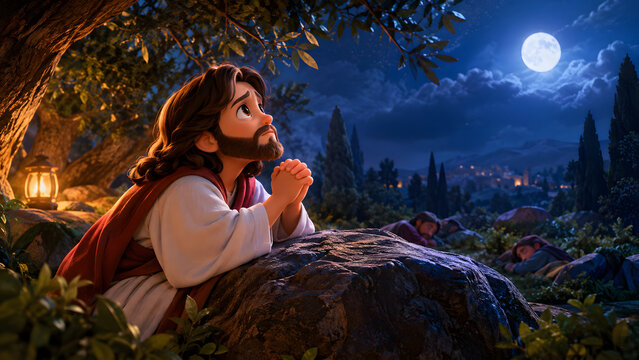 Jesus Christ Praying in the Garden of Gethsemane &ndash; Religious Christian Children&rsquo;s Painting Style Biblical Scene