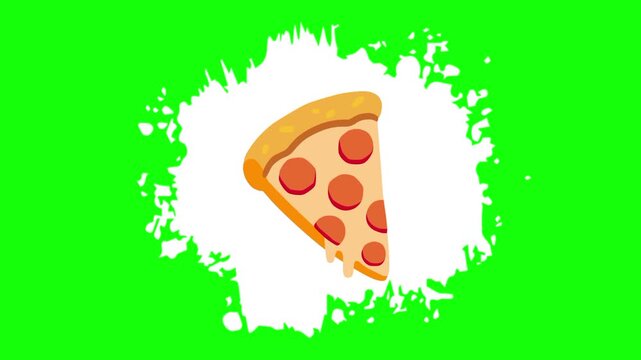 Pizza slice, a triangular piece,  yellow cream,  red round topping. Popular Italian food icon sign symbols mockup. Vector animation, motion graphic video footage. Isolated green screen background