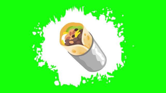 burrito with wrap on animated white brush paint template icon, meal sign, food symbol. Colorful cartoon vector animation, motion graphic video footage. Isolated green screen background