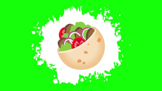 Salad in coconut peeled bowl, with vegetables and fruits. Popular Greek healthy diet food icon sign symbols mockup. Vector animation, motion graphic video footage. Isolated green screen background