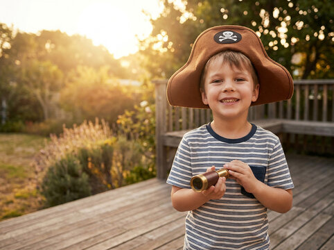 Cute little boy wearing a pirate hat halloween costume holding a toy telescope on a wooden deck in the backyard during a beautiful warm golden hour sunset playing creative pretend games.