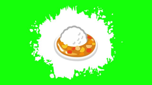 curry soup and rice on animated white brush paint template icon, meal sign, food symbol. Colorful cartoon vector animation, motion graphic video footage. Isolated green screen background