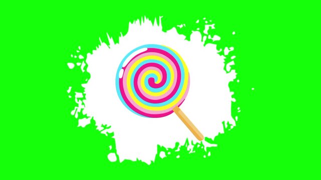 rainbow lollipop, lollypop candy on animated white brush paint template icon, meal sign, food symbol. Colorful cartoon vector animation, motion graphic video footage. Isolated green screen background