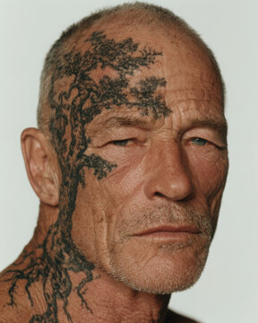 Close-up portrait of a mature man with an intricate tree tattoo flowing across his scalp, face and neck, highlighting individuality, ageing and expressive body art.