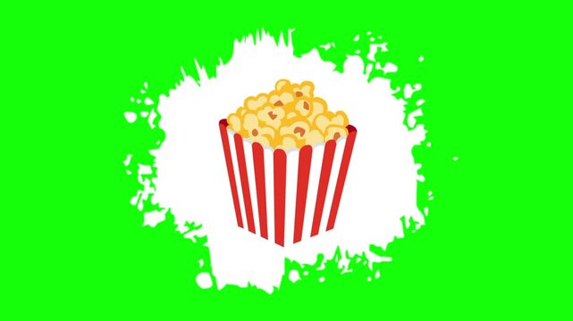 popcorn on animated white brush paint template icon, meal sign, food symbol. Colorful cartoon vector animation, motion graphic video footage. Isolated green screen background
