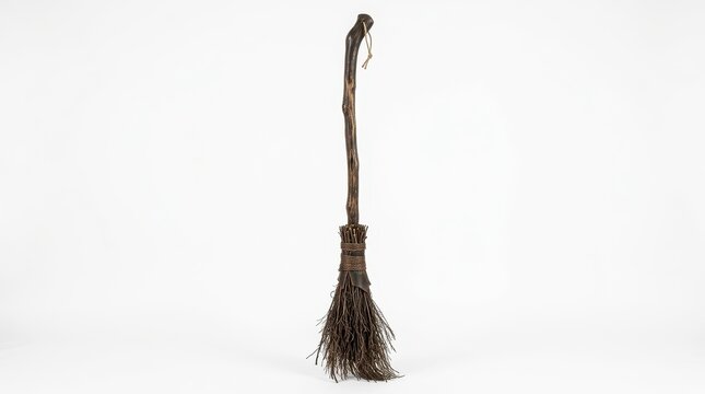Rustic witch broomstick with crooked wooden handle, vintage handmade besom on white background, traditional halloween prop