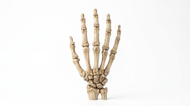 Anatomical human skeleton hand, realistic bone structure on white background, medical study of hand bones and phalanges
