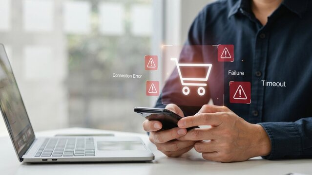 Closeup of a person using a smartphone with digital shopping cart error icons, representing online shopping failure and connection issues