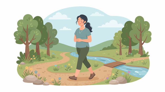 FLAT Mulher caminhando em um caminho de terra em um parque verde com um rio e &aacute;rvores Vector