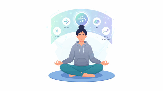 FLAT Mulher meditando em posi&ccedil;&atilde;o de l&oacute;tus com &iacute;cones de bem estar e progresso em um fundo abstrato e suave Vector