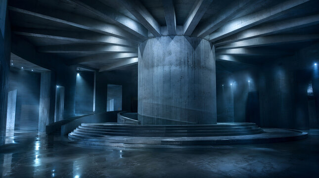 Circular underground concrete chamber with a central pillar and tiered steps illuminated by soft light beams from the ceiling above area