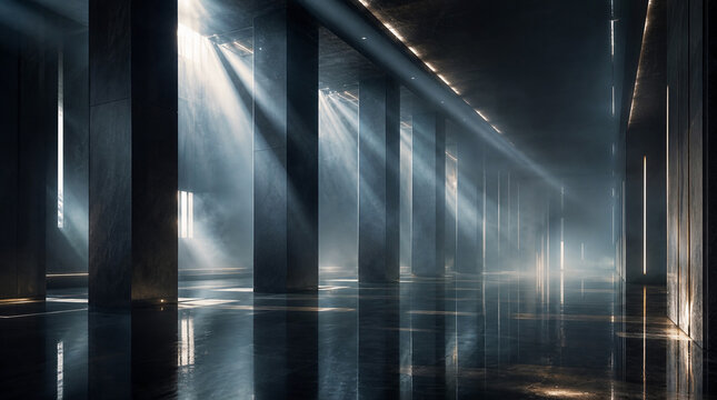 Dark industrial tunnel with concrete columns and dramatic light rays piercing through the shadows onto a wet reflective floor surface area