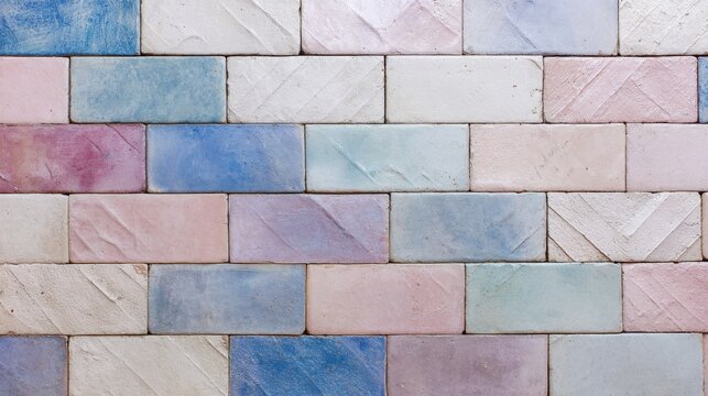 Subway tiles in soft pastel colors create a textured brick pattern across the horizontal surface.