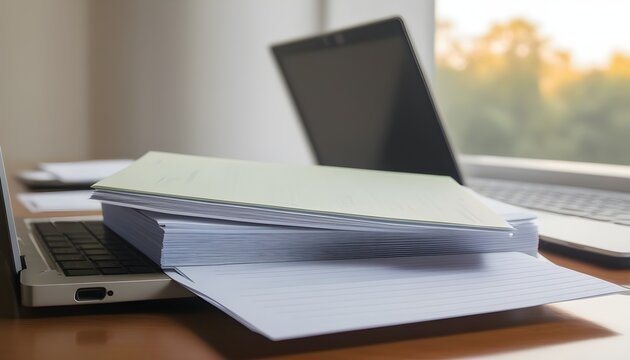 A laptop displaying a study document next to a stack of index cards, soft afternoon light