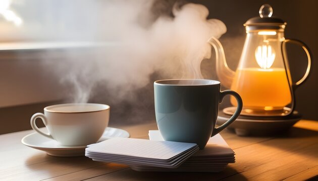 A stack of flashcards fanned out beside a steaming mug of tea, warm evening lamp light