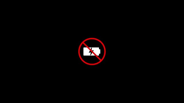 Red Circle with a Diagonal Line Through a White Battery Symbol Indicating a Low Power or No Battery Charge Warning Sign on a Black Background, representing a critical alert or device malfunction