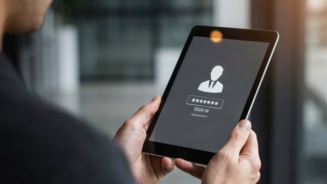 Closeup of a person holding a tablet computer with a digital login screen and password field displayed on the device screen