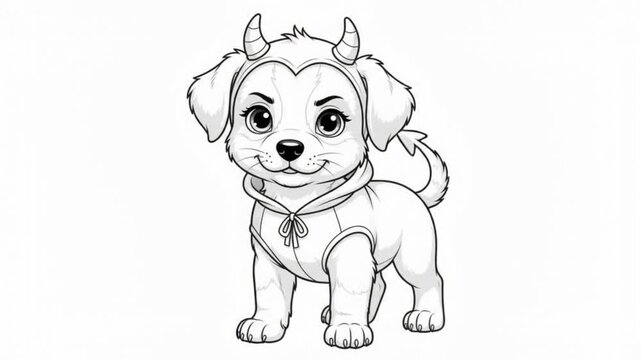 Cute Cartoon Puppy Dressed as a Little Devil with Horns and Tail Line Art Coloring Page for Kids and Adults Creative Illustration