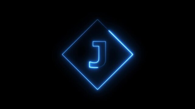 Neon letter j animation with glowing blue diamond frame on black background, alphabet typography concept 4k video.