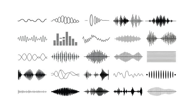 Set of diverse sound wave and equalizer icons illustrating audio technology and music visualization for digital media.