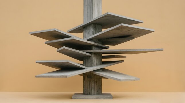 Abstract concrete sculpture features layered rectangular slabs attached to a central vertical pillar with soft natural light and shadows cast