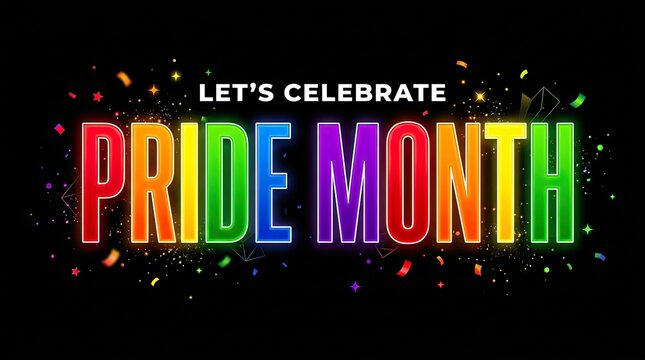 Colorful pride month illustration with rainbow lettering and celebratory confetti on a black background