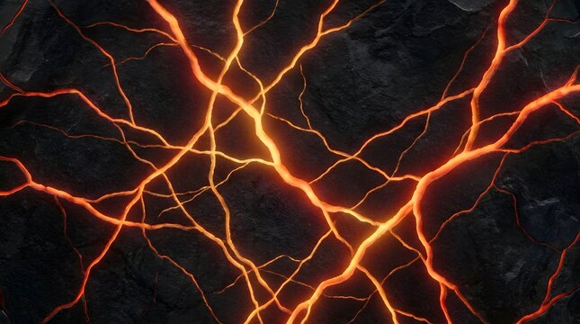 Glowing molten lava veins running through dark jagged volcanic rock surfaces captured in high resolution with vibrant orange warm light