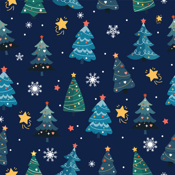 Christmas tree seamless pattern with decorated pine trees, snowflakes, and stars on dark blue background. Festive holiday winter cartoon illustration.