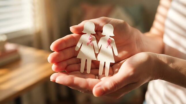 Person holding paper cutout human figures with pink ribbons representing breast cancer awareness pink ribbon cancer support