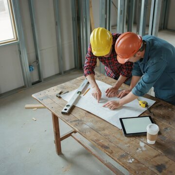 Two construction workers in hard hats reviewing blueprints on a wooden table at a building site