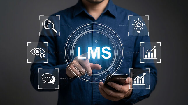 Man using a learning management system interface with digital icons and mobile