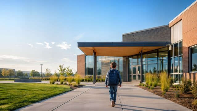 Schoolboy with Backpack Walking Towards Modern School Building