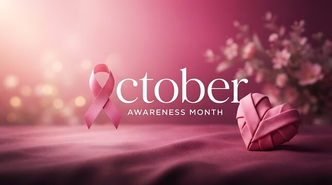 Breast cancer awareness month concept with pink ribbon and fabric heart on a soft background health awareness cancer support