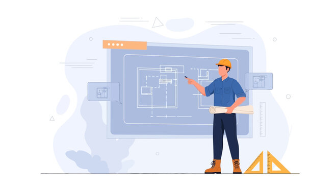 Architect presenting blueprint, construction project planning and design process, flat vector illustration