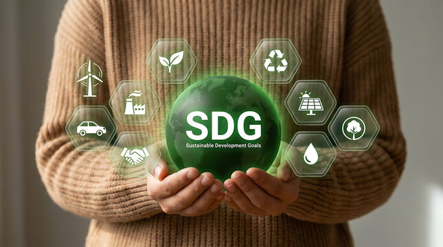 Person holding green globe with SDG icons representing sustainable goals