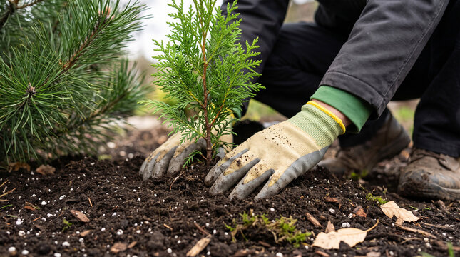 Gardener wearing gloves carefully planting a small conifer sapling in dark soil amid pine branches and mulch