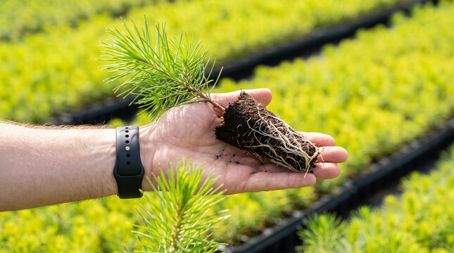 Hand holding a pine seedling with exposed roots and soil over rows of green nursery seedlings outdoors