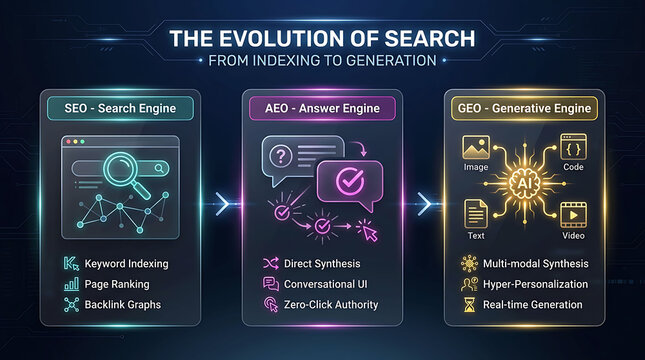 Evolution of search engine optimization SEO AEO GEO vector infographic design
