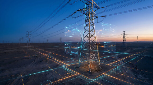 Smart power grid data visualization and electric transmission tower at sunset