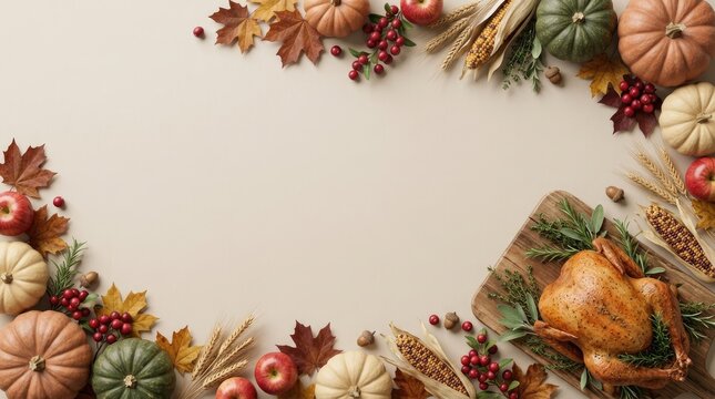 Thanksgiving dinner table border with roasted turkey, pumpkins, autumn leaves, apples, and corn on a light beige background, for holidays