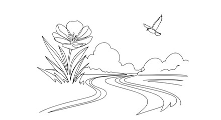 Fototapeta premium Line Art Flower Path Bird Clouds Scenic Landscape