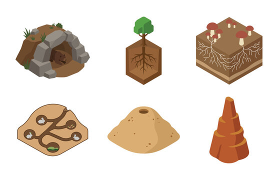 Set of Isometric Nature Cross Sections with Bear Cave Tree Roots and Rabbit Burrow