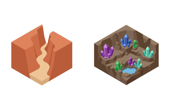 Isometric Vector Icons of a Grand Canyon and a Crystal Mine Cave
