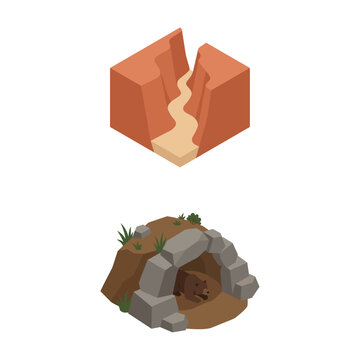 Isometric Vector Illustration of a Desert Canyon and a Bear Inside a Rock Cave