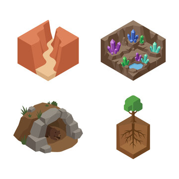 Isometric Vector Set of Geological and Nature Landscapes and Cross Sections