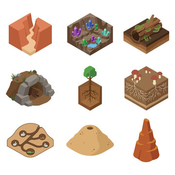 Isometric Natural Environment and Geological Earth Layer Vector Illustration Set