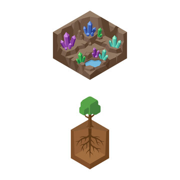 Isometric Vector Illustration of Crystal Cave and Tree with Visible Roots
