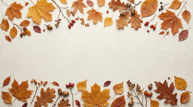 Autumn border frame made of dried fall leaves, acorns, and red berries arranged on a light textured background, with empty space